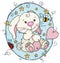 Happy bunny on cute blue label with bugs and stars