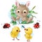 Happy bunny with Easter eggs, chicks and bugs cartoon isolated clipart on white background