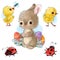 Happy bunny with Easter eggs, chicks and bugs cartoon isolated clipart on white background