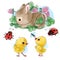 Happy bunny with Easter eggs, chicks and bugs cartoon isolated clipart on white background