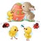 Happy bunny with Easter eggs, chicks and bugs cartoon isolated clipart on white background