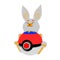 Happy bunny holding Pokeball. Cartoon bunny with colorful toy on white background.