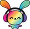 Happy Bunny or Rabbit with headphones listening to music. Kawaii style