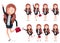 Happy business character female vector set. Business woman professional character happy standing, running and presenting.