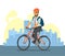 Happy business man riding a Bicycle. A cyclist in a business suit goes to work in the office. Driving an environmentally