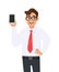 Happy business man showing a new brand, latest smartphone. Young man holding blank screen cell or mobile phone in hand.