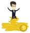 Happy business man sitting on golden coins.