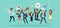 Happy business team jumping. Karaoke party celebration concept cartoon illustration