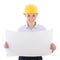 Happy business woman architect in yellow builder helmet holding