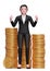 Happy business woman in black formal suit getting lots of piles of gold coins