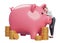 happy business woman in blue dress hugging big pink piggy bank saving gold coins for future