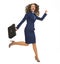 Happy business woman jumping with briefcase