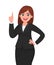 Happy business woman pointing index finger up. Woman raising / lifting hand to upward.