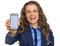 Happy business woman showing cell phone