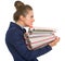 Happy business woman with stack of folders