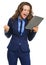 Happy business woman with tablet pc rejoicing success