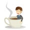 happy businessman bathing in a cup of coffee
