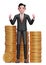 Happy businessman in black formal suit getting lots of piles of gold coins