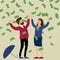 Happy businessman and businesswoman falling money rain, umbrella. Success finance business, falling cash. Vector