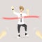 Happy businessman crossing finish line ribbon with applause concept