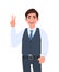 Happy businessman in formal waistcoat showing victory, v, peace or two gesture sign. Male character design illustration.