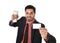 Happy businessman holding take away coffee cup and white card in blank as copy space