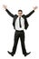 Happy businessman jumps in black suit on white.