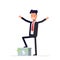 Happy businessman or manager standing on a carton box with money.