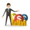 Happy businessman or manager stands near a pile of gold coins. Profit, success, salary, bonus. Illustration, vector flat character