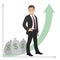 Happy businessman or manager stands near a pile of money. Profit success salary bonus. vector flat