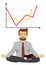 Happy businessman meditates in lotus pose over graph with positive stats. Concept of successful growth for company