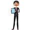 Happy businessman with a mustache and with tablet flat cartoon vector.