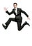 Happy businessman runs in black suit on white.