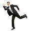 Happy businessman runs in black suit on white.