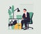 Happy businessman sitting at desktop and working vector illustration. Office work, job satisfaction, productivity