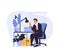 Happy businessman sitting at desktop and working vector illustration. Office work, job satisfaction, productivity vector