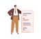 Happy businessman standing with abstract document. Office worker presenting report and strategy. Tiny man holding