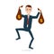 Happy businessman in suit with bags of money in hands jumping with happiness