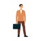 Happy businessman with suitcase smiling, professional cartoon character in corporate suit standing and waiting