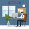 Happy businessman working on a personal computer, sitting on a brown leather chair behind the office desk. Vector Flat style Illus