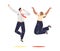 Happy businesspeople jumping. Diverse business man and woman cheering to success and victory