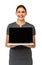 Happy Businesswoman Advertising Laptop