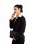 Happy businesswoman calling on phone isolated