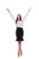 Happy businesswoman celebrates and looks up while standing cross