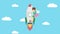 Happy businesswoman flying on rocket through blue sky. Business startup, leap, and entrepreneurship concept. Loop animation style.