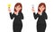 Happy businesswoman holding bright light bulb and pointing towards it. Unhappy businesswoman holding bulb and pointing.