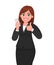 Happy businesswoman holding smartphone and gesture thumbs up sign. Social network, mobile app, technology concept.