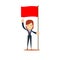 Happy businesswoman pointing to red flag. Start up business concept.