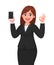 Happy businesswoman showing blank screen mobile, cell or smart phone and gesturing or making okay/OK sign with hand fingers.