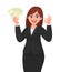 Happy businesswoman showing, holding bunch of money, cash, dollar, currency, banknotes in hand and gesturing, making okay, OK sign